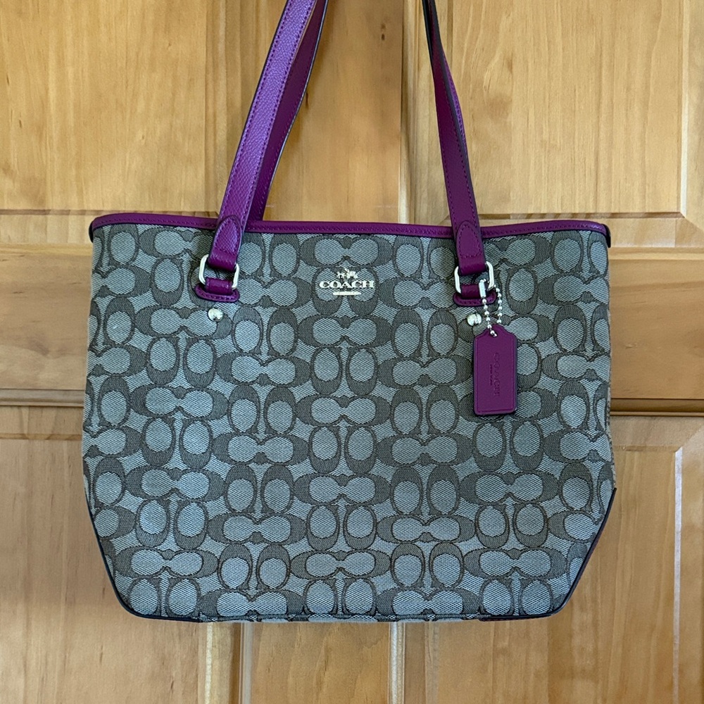 Coach Brown Signature Tote with Purple Accents
